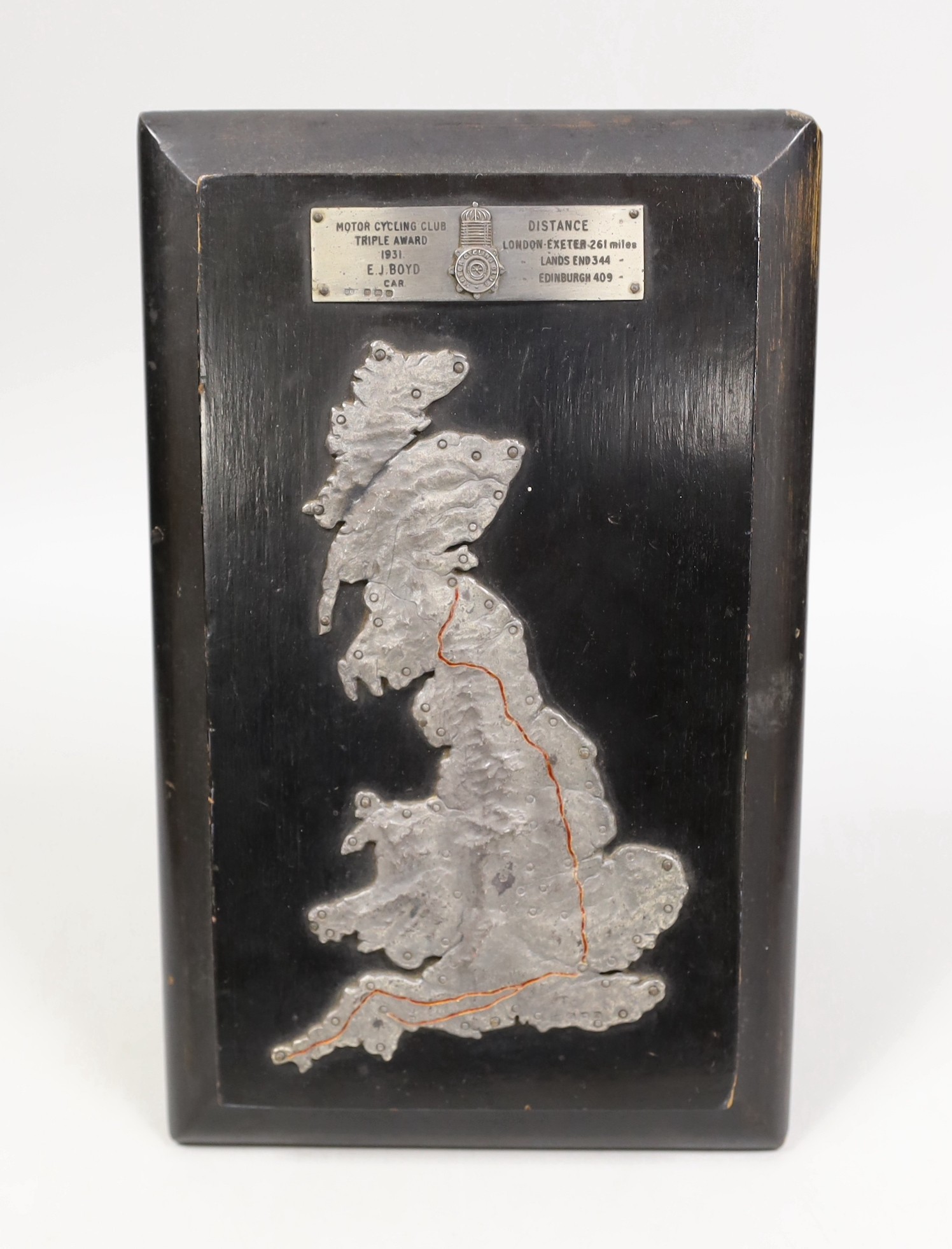 Motor Cycling memorabilia- A silver mounted map of UK showing winning route for Motor Cycling Club triple award 1931 to E. J. Boyd Distance London – Exeter 261 miles and Lands End 344 – Edinburgh 409 – , by Daniel George